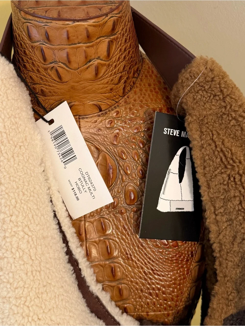 Steve Madden Cognac Multi BTully Patchwork Faux Shearling Hobo Bag NWT
